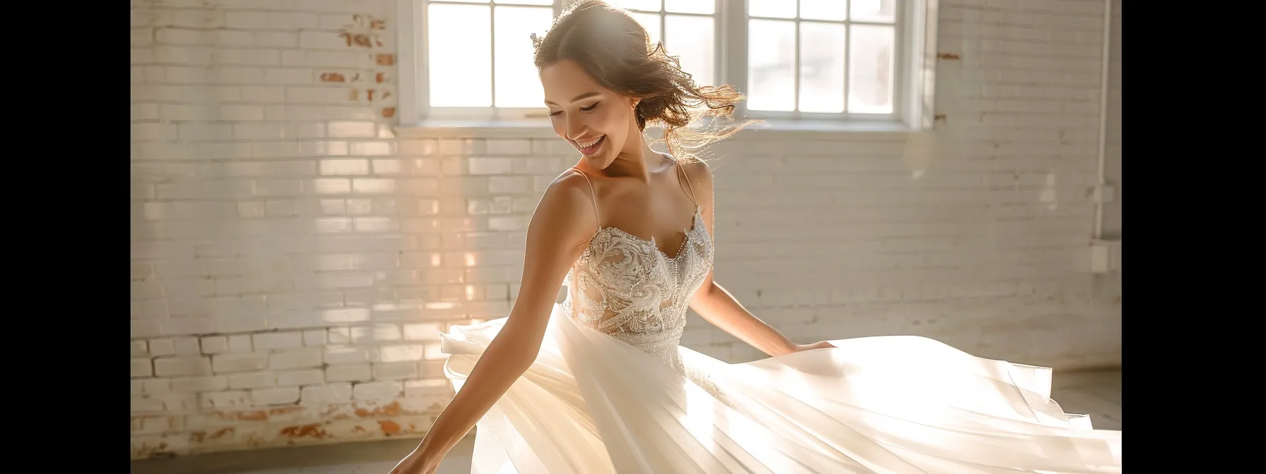 a Beaming Bride Twirling in a Flowing White Off-the-peg Wedding Gown at Perfect Daze Bridal. - Perfect Daze Bridal
