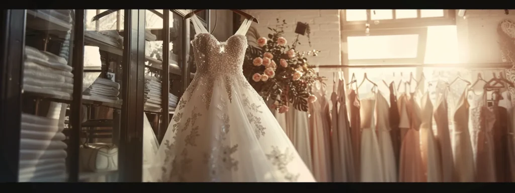 a beautiful bridal gown displayed elegantly in a chic boutique, softly illuminated by natural light filtering through large windows, highlighting intricate lace details and flowing fabrics that embody the essence of timeless romance. a Beautiful Bridal Gown Displayed Elegantly in a Chic Boutique, Softly Illuminated by Natural Light Filtering Through Large Windows, Highlighting Intricate Lace Details and Flowing Fabrics That Embody the Essence of Timeless Romance. - Perfect Daze Bridal - Perfect Daze Bridal