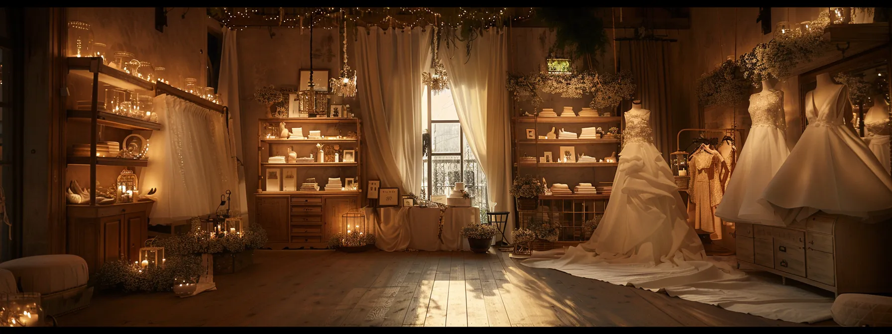 a Beautifully Adorned Bridal Boutique in Huddersfield, Showcasing an Exquisite Array of Elegant Wedding Dresses Against a Soft, Dreamy Backdrop, Illuminated by Warm, Inviting Lighting That Highlights the Intricate Details and Textures of Each Gown. - Perfect Daze Bridal