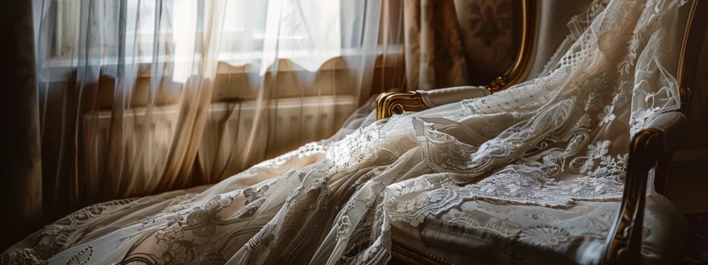 a beautifully preserved wedding dress elegantly drapes over a vintage chair, bathed in soft, diffused natural light that highlights its intricate lace details, symbolising the cherished journey of huddersfield brides. a Beautifully Preserved Wedding Dress Elegantly Drapes over a Vintage Chair, Bathed in Soft, Diffused Natural Light That Highlights Its Intricate Lace Details, Symbolising the Cherished Journey of Huddersfield Brides. - Perfect Daze Bridal - Perfect Daze Bridal