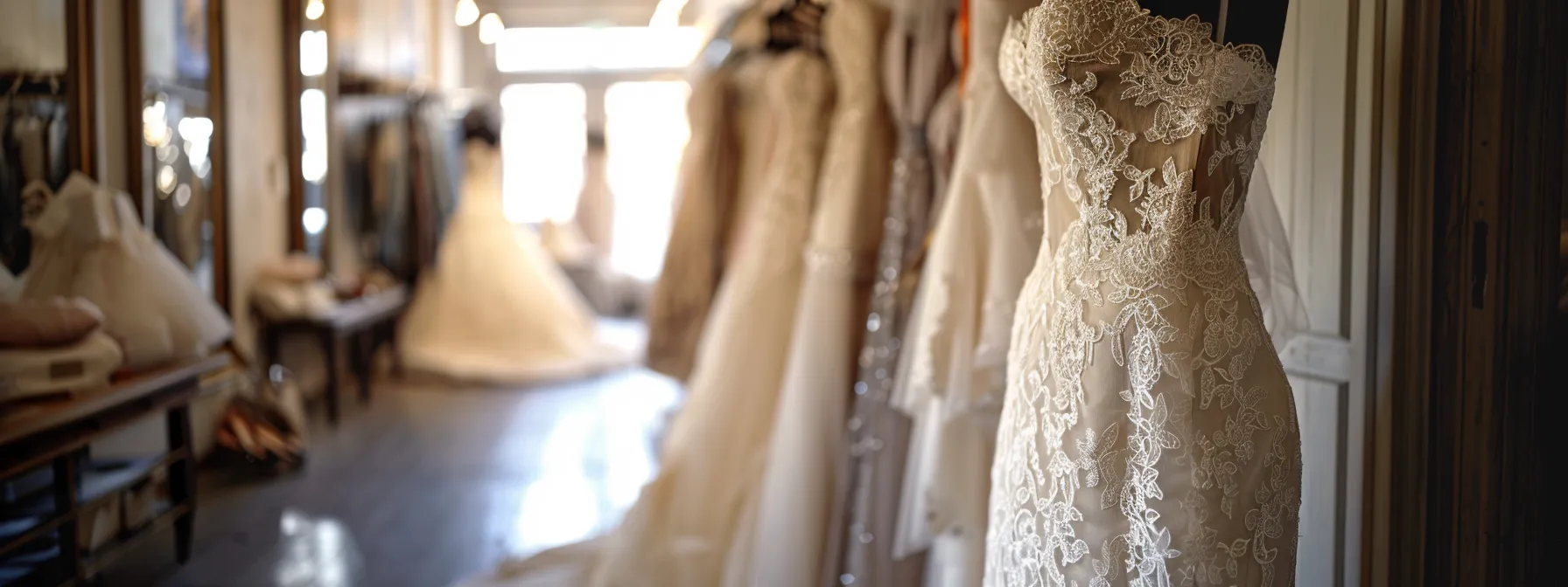 a Beautifully Styled Wedding Dress Displayed Elegantly in the Plush Interior of a Chic Bridal Boutique, Bathed in Soft, Natural Light That Highlights Its Intricate Lace Detailing and Flowing Silhouette. - Perfect Daze Bridal