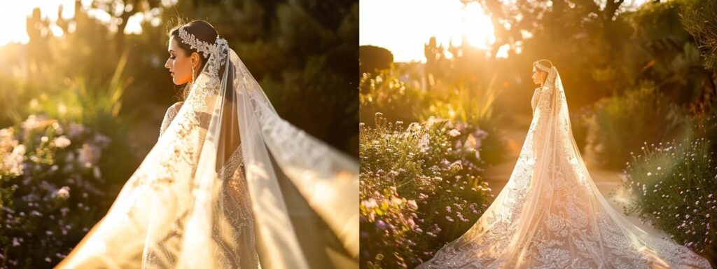 a breathtaking bride in a flowing, intricately embellished gown stands gracefully in a sunlit garden, her delicate veil cascading elegantly behind her, perfectly complementing the opulence of her dress. a Breathtaking Bride in a Flowing, Intricately Embellished Gown Stands Gracefully in a Sunlit Garden, Her Delicate Veil Cascading Elegantly Behind Her, Perfectly Complementing the Opulence of Her Dress. - Perfect Daze Bridal - Perfect Daze Bridal