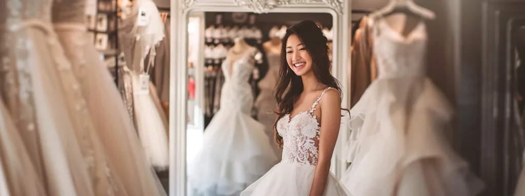 a bride beaming with joy as she stands in front of a full-length mirror, surrounded by attentive stylists and racks of stunning wedding gowns at perfect daze bridal boutique. a Bride Beaming with Joy As She Stands in Front of a Full-length Mirror, Surrounded by Attentive Stylists and Racks of Stunning Wedding Gowns at Perfect Daze Bridal Boutique. - Perfect Daze Bridal - Perfect Daze Bridal