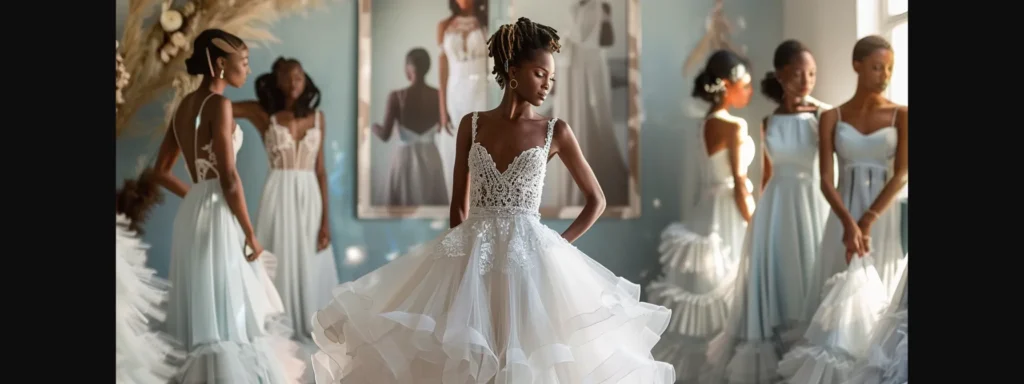 a bride in a stunning, eco-friendly wedding gown, surrounded by bridesmaids in coordinated sustainable dresses, illuminating the seamless blend of sustainability and style in bridal fashion. a Bride in a Stunning, Eco-friendly Wedding Gown, Surrounded by Bridesmaids in Coordinated Sustainable Dresses, Illuminating the Seamless Blend of Sustainability and Style in Bridal Fashion. - Perfect Daze Bridal - Perfect Daze Bridal