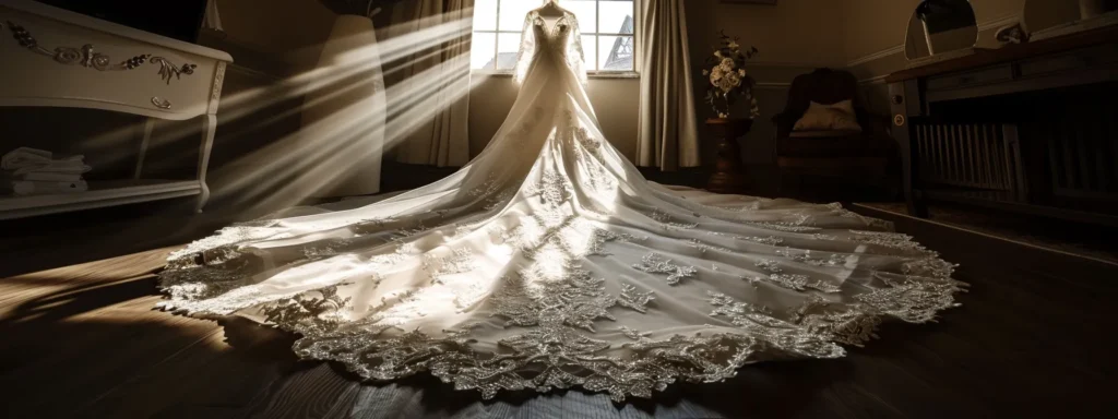 a captivating bridal gown, elegantly displayed in soft natural light, showcases its intricate lace and delicate fabric within a serene, beautifully arranged preservation setting, symbolising timeless beauty and meticulous care. a Captivating Bridal Gown, Elegantly Displayed in Soft Natural Light, Showcases Its Intricate Lace and Delicate Fabric Within a Serene, Beautifully Arranged Preservation Setting, Symbolising Timeless Beauty and Meticulous Care. - Perfect Daze Bridal - Perfect Daze Bridal