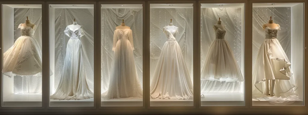 a captivating display of elegant bridal gowns in a soft-lit boutique, showcasing a variety of exquisite styles and luxurious fabrics, inviting brides-to-be from west yorkshire to explore their dream wedding dress. a Captivating Display of Elegant Bridal Gowns in a Soft-lit Boutique, Showcasing a Variety of Exquisite Styles and Luxurious Fabrics, Inviting Brides-to-be from West Yorkshire to Explore Their Dream Wedding Dress. - Perfect Daze Bridal - Perfect Daze Bridal