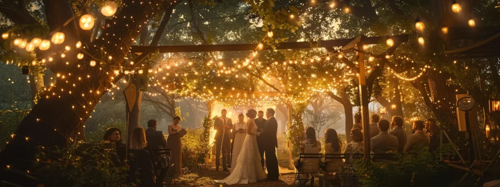 a couple exchanging vows under a canopy of twinkling fairy lights at a whimsical outdoor wedding. a Couple Exchanging Vows Under a Canopy of Twinkling Fairy Lights at a Whimsical Outdoor Wedding. - Perfect Daze Bridal - Perfect Daze Bridal