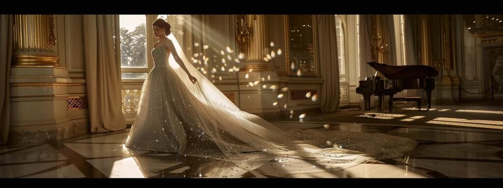a dazzling wedding gown is elegantly complemented by a shimmering, beaded sash cascading delicately from the waist, capturing timeless charm and unique elegance. a Dazzling Wedding Gown is Elegantly Complemented by a Shimmering, Beaded Sash Cascading Delicately from the Waist, Capturing Timeless Charm and Unique Elegance. - Perfect Daze Bridal - Perfect Daze Bridal