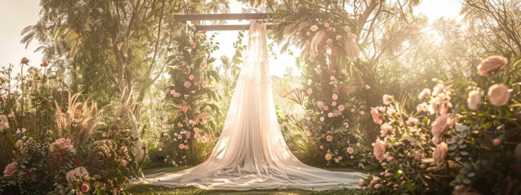 a dreamy outdoor wedding scene captures a flowing, tulle bohemian gown adorned with elegant bell sleeves, gently swaying in the soft breeze beneath a canopy of delicate floral arrangements. a Dreamy Outdoor Wedding Scene Captures a Flowing, Tulle Bohemian Gown Adorned with Elegant Bell Sleeves, Gently Swaying in the Soft Breeze Beneath a Canopy of Delicate Floral Arrangements. - Perfect Daze Bridal - Perfect Daze Bridal