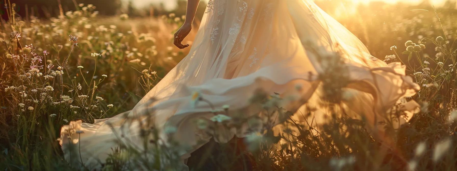 a Flowing, Ethereal Bohemian Wedding Dress Billows in the Gentle Breeze Against a Backdrop of Sun-kissed Wildflowers. - Perfect Daze Bridal