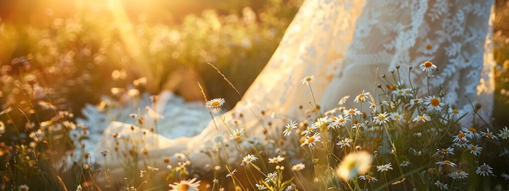 a flowing, lace-trimmed bohemian wedding dress adorned with vibrant floral patterns drapes elegantly on a sunlit meadow, embodying the carefree spirit of vintage romance. a Flowing, Lace-trimmed Bohemian Wedding Dress Adorned with Vibrant Floral Patterns Drapes Elegantly on a Sunlit Meadow, Embodying the Carefree Spirit of Vintage Romance. - Perfect Daze Bridal - Perfect Daze Bridal