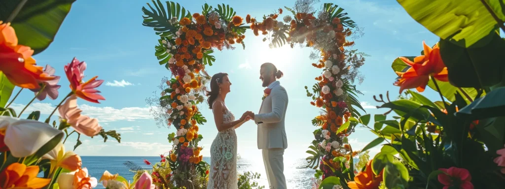a joyful couple exchanging rings under a floral arch at a perfect daze wedding celebration. a Joyful Couple Exchanging Rings Under a Floral Arch at a Perfect Daze Wedding Celebration. - Perfect Daze Bridal - Perfect Daze Bridal