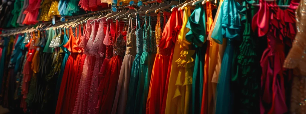 a rack full of elegant designer dresses at an outlet store, surrounded by colorful tags highlighting discounted prices. a Rack Full of Elegant Designer Dresses at an Outlet Store, Surrounded by Colorful Tags Highlighting Discounted Prices. - Perfect Daze Bridal - Perfect Daze Bridal
