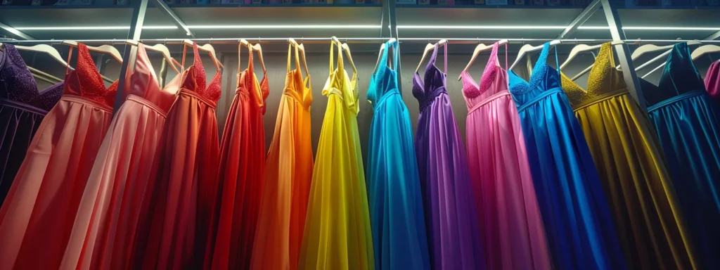 a rack of colorful, stylish cocktail dresses displayed in a budget-friendly store, perfect for every occasion. a Rack of Colorful, Stylish Cocktail Dresses Displayed in a Budget-friendly Store, Perfect for Every Occasion. - Perfect Daze Bridal - Perfect Daze Bridal