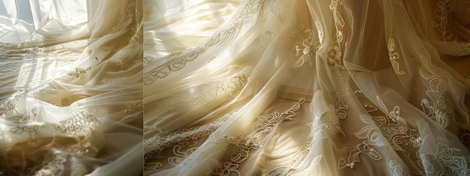 a Radiant Bridal Gown Elegantly Drapes on a Vintage Dress Form, Bathed in Soft, Diffused Sunlight Filtering Through Delicate Lace Curtains, Evoking a Serene Atmosphere of Anticipation and Elegance. - Perfect Daze Bridal