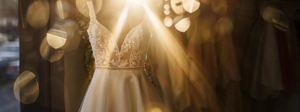 a radiant bridal gown hangs gracefully on a vintage mannequin, bathed in soft, golden light that captures the essence of elegance and anticipation in a serene boutique setting. a Radiant Bridal Gown Hangs Gracefully on a Vintage Mannequin, Bathed in Soft, Golden Light That Captures the Essence of Elegance and Anticipation in a Serene Boutique Setting. - Perfect Daze Bridal - Perfect Daze Bridal