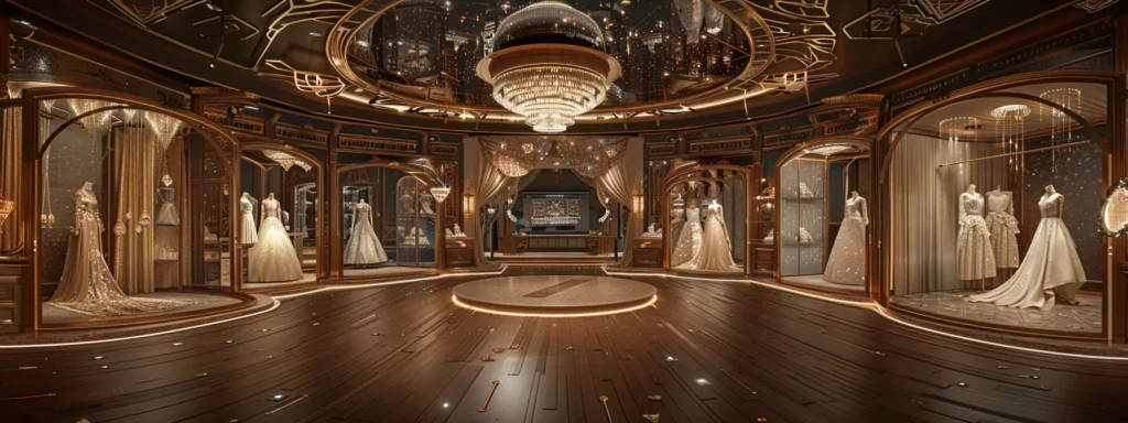 a radiant bridal shop displays an array of exquisite wedding gowns, each adorned with delicate lace and shimmering embellishments, inviting brides to explore affordable elegance amidst a backdrop of soft, ethereal lighting. a Radiant Bridal Shop Displays an Array of Exquisite Wedding Gowns, Each Adorned with Delicate Lace and Shimmering Embellishments, Inviting Brides to Explore Affordable Elegance Amidst a Backdrop of Soft, Ethereal Lighting. - Perfect Daze Bridal - Perfect Daze Bridal