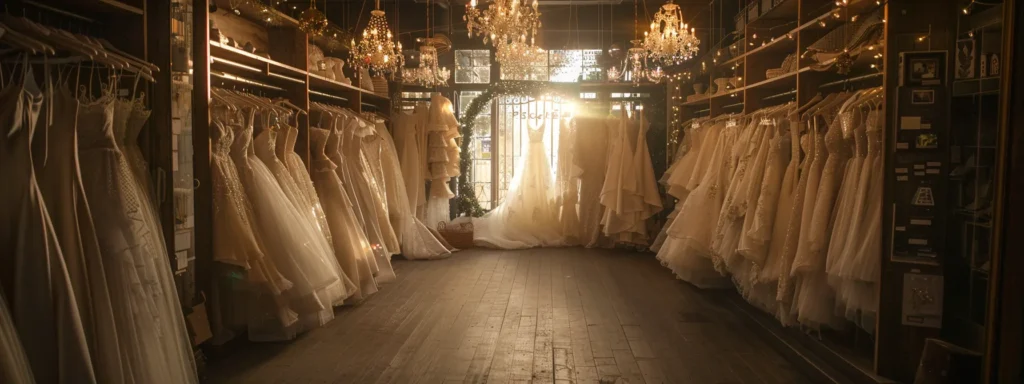 a radiant bridal shop in huddersfield showcases an elegant array of wedding dresses, bathed in soft, golden light, inviting brides to explore affordable packages and exclusive discounts amid a warm and inviting atmosphere. a Radiant Bridal Shop in Huddersfield Showcases an Elegant Array of Wedding Dresses, Bathed in Soft, Golden Light, Inviting Brides to Explore Affordable Packages and Exclusive Discounts Amid a Warm and Inviting Atmosphere. - Perfect Daze Bridal