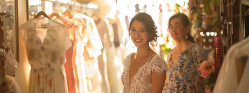 a radiant bride-to-be stands amidst a sunlit bridal boutique, surrounded by an array of ethereal gowns, while her joyful mother offers encouraging smiles during the personalized consultation. a Radiant Bride-to-be Stands Amidst a Sunlit Bridal Boutique, Surrounded by an Array of Ethereal Gowns, While Her Joyful Mother Offers Encouraging Smiles During the Personalized Consultation. - Perfect Daze Bridal - Perfect Daze Bridal