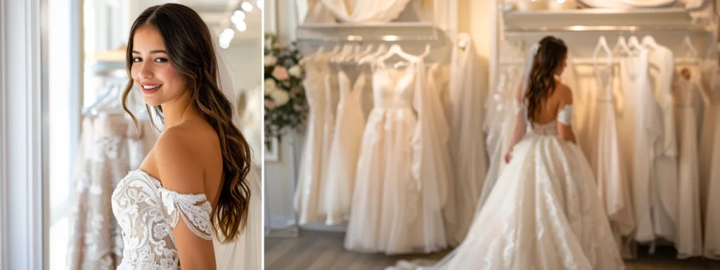 a radiant bride admiring a stunning off-the-peg gown at perfect daze bridal showroom, embodying elegance and quality craftsmanship. a Radiant Bride Admiring a Stunning Off-the-peg Gown at Perfect Daze Bridal Showroom, Embodying Elegance and Quality Craftsmanship. - Perfect Daze Bridal - Perfect Daze Bridal
