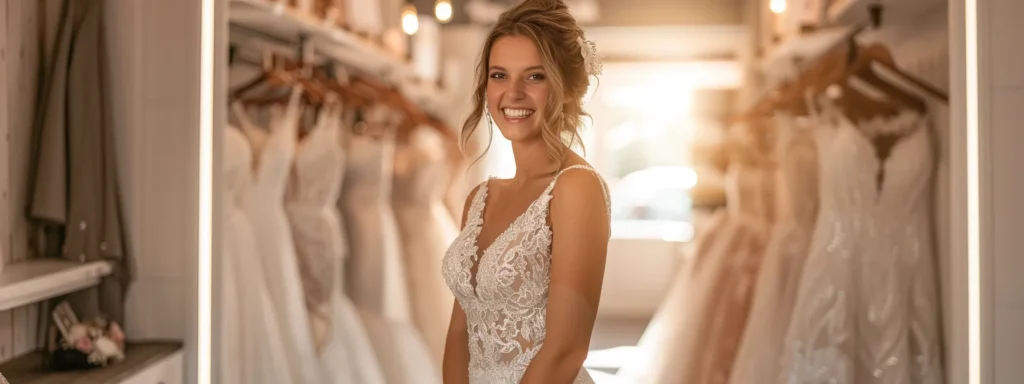 a radiant bride beams with joy as she stands elegantly in a stunning gown from perfect daze bridal boutique, surrounded by a soft glow of natural light filtering through the charming interior of a huddersfield bridal shop, capturing the essence of personalised elegance and exceptional design. a Radiant Bride Beams with Joy As She Stands Elegantly in a Stunning Gown from Perfect Daze Bridal Boutique, Surrounded by a Soft Glow of Natural Light Filtering Through the Charming Interior of a Huddersfield Bridal Shop, Capturing the Essence of Personalised Elegance and Exceptional Design. - Perfect Daze Bridal