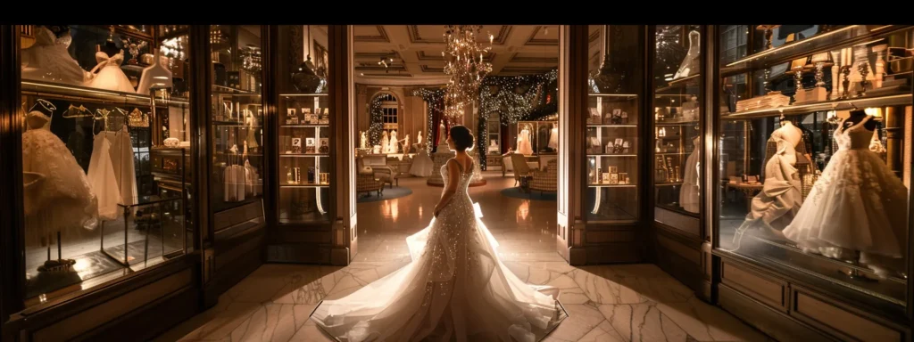 a radiant bride dressed in an exquisite wedding gown stands joyfully amidst the elegant interior of a stylish bridal boutique, surrounded by an array of stunning dresses on display, illuminated by soft, warm lighting that enhances the enchanting atmosphere. a Radiant Bride Dressed in an Exquisite Wedding Gown Stands Joyfully Amidst the Elegant Interior of a Stylish Bridal Boutique, Surrounded by an Array of Stunning Dresses on Display, Illuminated by Soft, Warm Lighting That Enhances the Enchanting Atmosphere. - Perfect Daze Bridal - Perfect Daze Bridal