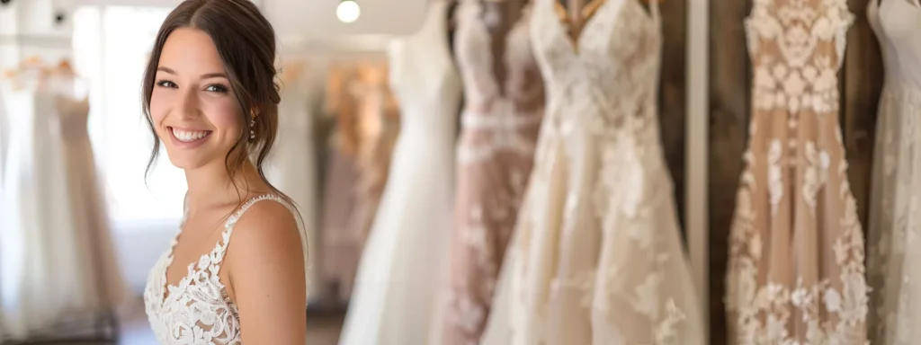 a radiant bride gracefully tries on a stunning wedding gown in perfect daze bridal boutique, highlighted by soft, natural lighting that accentuates the intricate lace details and the serene atmosphere of the shop. a Radiant Bride Gracefully Tries on a Stunning Wedding Gown in Perfect Daze Bridal Boutique, Highlighted by Soft, Natural Lighting That Accentuates the Intricate Lace Details and the Serene Atmosphere of the Shop. - Perfect Daze Bridal - Perfect Daze Bridal