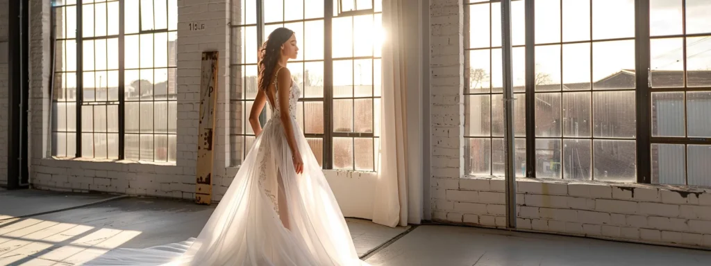 a radiant bride in a stunning, affordable gown stands in the elegant setting of a huddersfield bridal boutique, softly illuminated by natural light streaming through large windows, showcasing a harmonious blend of vintage and contemporary styles. a Radiant Bride in a Stunning, Affordable Gown Stands in the Elegant Setting of a Huddersfield Bridal Boutique, Softly Illuminated by Natural Light Streaming Through Large Windows, Showcasing a Harmonious Blend of Vintage and Contemporary Styles. - Perfect Daze Bridal - Perfect Daze Bridal