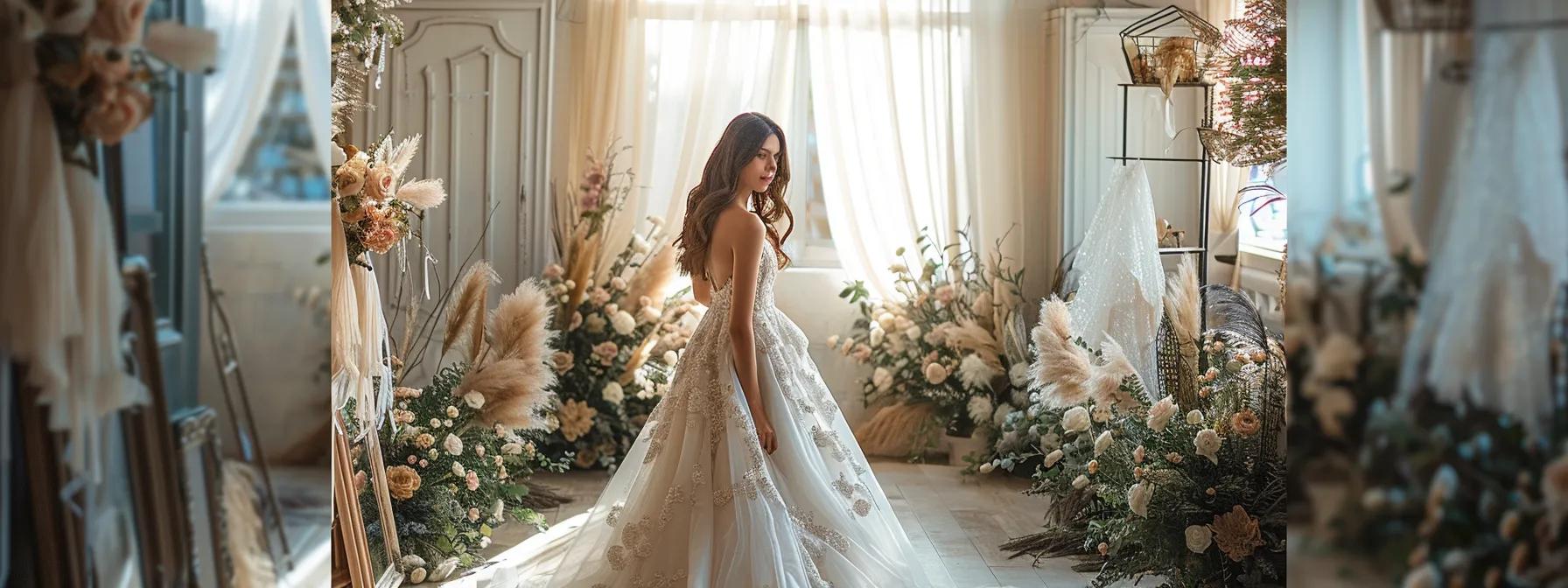 a Radiant Bride in an Elegant Gown Stands Confidently in a Beautifully Styled Bridal Boutique, Surrounded by Shimmering Fabrics and Delicate Floral Arrangements, Exuding an Atmosphere of Sophistication and Anticipation. - Perfect Daze Bridal