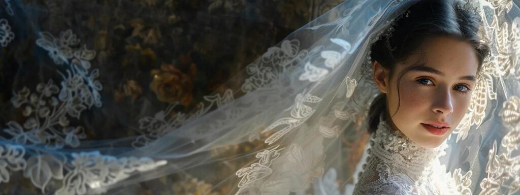 a radiant bride in an elegant gown gazes thoughtfully into a mirror, her flowing lace veil cascading softly around her, embodying the perfect blend of beauty and style. a Radiant Bride in an Elegant Gown Gazes Thoughtfully into a Mirror, Her Flowing Lace Veil Cascading Softly Around Her, Embodying the Perfect Blend of Beauty and Style. - Perfect Daze Bridal - Perfect Daze Bridal