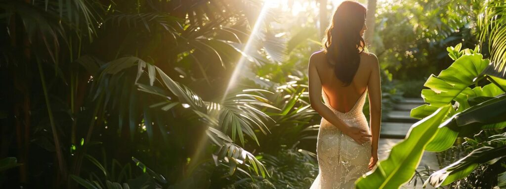 a radiant bride in an elegant ivory gown stands in a sunlit garden, adorned with a shimmering crystal belt that accentuates her silhouette against the lush greenery. a Radiant Bride in an Elegant Ivory Gown Stands in a Sunlit Garden, Adorned with a Shimmering Crystal Belt That Accentuates Her Silhouette Against the Lush Greenery. - Perfect Daze Bridal - Perfect Daze Bridal