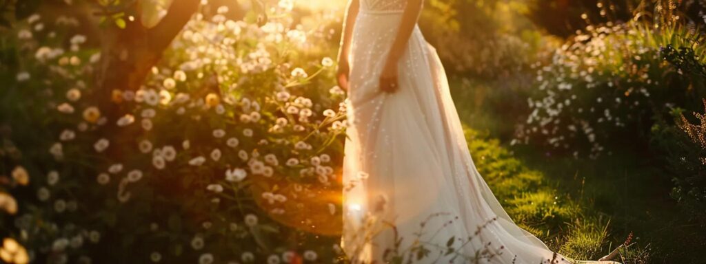 a radiant bride stands gracefully in a sunlit garden, showcasing an exquisite pearl bridal belt that accentuates her flowing gown with shimmering elegance. a Radiant Bride Stands Gracefully in a Sunlit Garden, Showcasing an Exquisite Pearl Bridal Belt That Accentuates Her Flowing Gown with Shimmering Elegance. - Perfect Daze Bridal - Perfect Daze Bridal