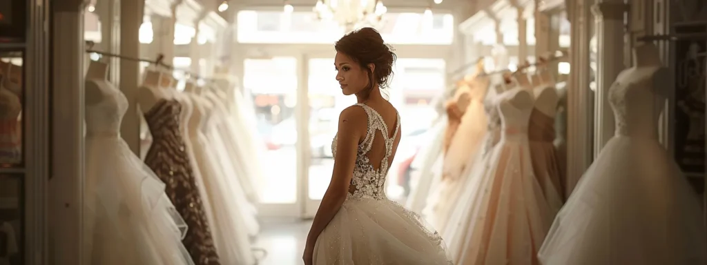 a radiant bride stands gracefully amidst the elegant displays of the perfect daze bridal boutique, surrounded by an array of stunning, affordable wedding gowns, illuminated by soft, natural light filtering through large windows, emphasising the delicate fabrics and intricate details of each dress. a Radiant Bride Stands Gracefully Amidst the Elegant Displays of the Perfect Daze Bridal Boutique, Surrounded by an Array of Stunning, Affordable Wedding Gowns, Illuminated by Soft, Natural Light Filtering Through Large Windows, Emphasising the Delicate Fabrics and Intricate Details of Each Dress. - Perfect Daze Bridal - Perfect Daze Bridal