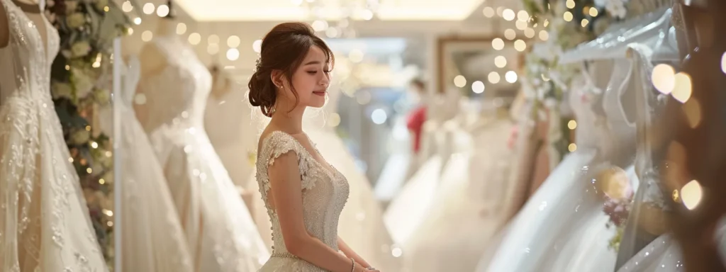 a radiant bride stands gracefully in a beautifully adorned bridal shop, surrounded by elegant wedding dresses, with soft, ambient lighting highlighting the exquisite details and an atmosphere of warm, personalised customer service. a Radiant Bride Stands Gracefully in a Beautifully Adorned Bridal Shop, Surrounded by Elegant Wedding Dresses, with Soft, Ambient Lighting Highlighting the Exquisite Details and an Atmosphere of Warm, Personalised Customer Service. - Perfect Daze Bridal