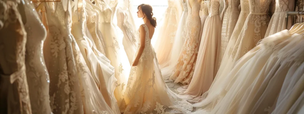 a radiant bride stands gracefully amidst elegant wedding gowns in a sunlit bridal boutique, surrounded by swathes of luxurious fabrics and intricate lace, embodying the essence of personalised beauty and individuality in her gown selection. a Radiant Bride Stands Gracefully Amidst Elegant Wedding Gowns in a Sunlit Bridal Boutique, Surrounded by Swathes of Luxurious Fabrics and Intricate Lace, Embodying the Essence of Personalised Beauty and Individuality in Her Gown Selection. - Perfect Daze Bridal - Perfect Daze Bridal