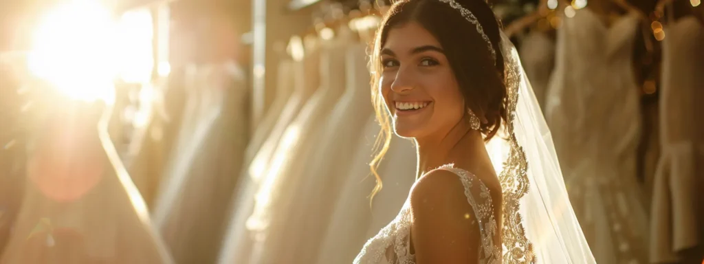 a radiant bride stands gracefully in a sunlit bridal boutique, surrounded by stunning wedding gowns, as she holds an elegant veil and beams with excitement, embodying the anticipation of her fitting experience. a Radiant Bride Stands Gracefully in a Sunlit Bridal Boutique, Surrounded by Stunning Wedding Gowns, As She Holds an Elegant Veil and Beams with Excitement, Embodying the Anticipation of Her Fitting Experience. - Perfect Daze Bridal - Perfect Daze Bridal