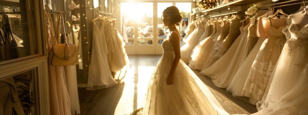 a radiant bride stands in a sunlit bridal boutique, surrounded by elegant gowns and delicate accessories, embodying the thrill of finding her perfect wedding dress. a Radiant Bride Stands in a Sunlit Bridal Boutique, Surrounded by Elegant Gowns and Delicate Accessories, Embodying the Thrill of Finding Her Perfect Wedding Dress. - Perfect Daze Bridal - Perfect Daze Bridal