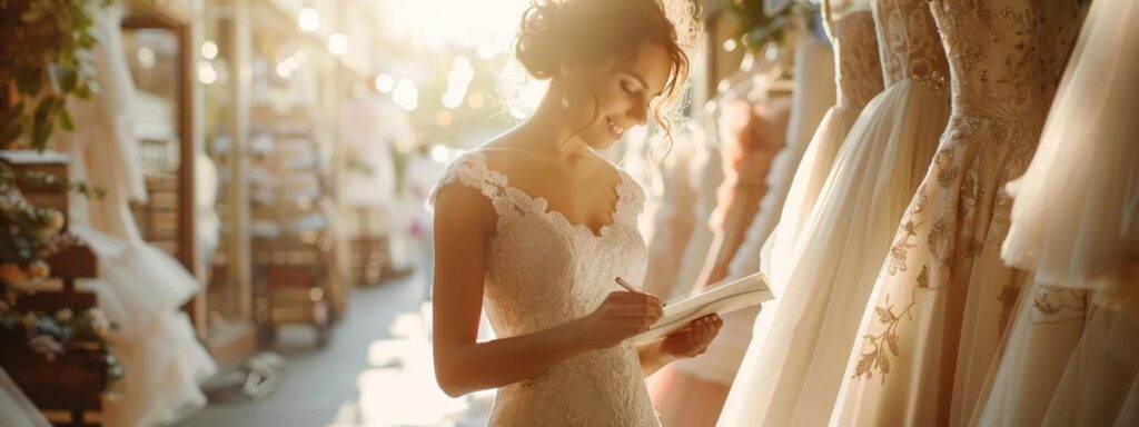 a radiant bride stands in a sunlit bridal boutique, surrounded by flowing dresses, as she thoughtfully examines notes and sketches her dream gown. a Radiant Bride Stands in a Sunlit Bridal Boutique, Surrounded by Flowing Dresses, As She Thoughtfully Examines Notes and Sketches Her Dream Gown. - Perfect Daze Bridal - Perfect Daze Bridal