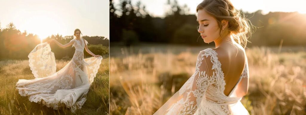 a radiant bride stands in a sun-drenched meadow, adorned in a flowing, intricate bohemian wedding dress that cascades elegantly around her, exuding an ethereal charm. a Radiant Bride Stands in a Sun-drenched Meadow, Adorned in a Flowing, Intricate Bohemian Wedding Dress That Cascades Elegantly Around Her, Exuding an Ethereal Charm. - Perfect Daze Bridal - Perfect Daze Bridal