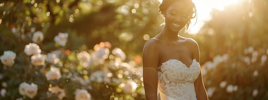 a radiant bride stands in a sunlit garden, showcasing her exquisite wedding dress adorned with a delicate, shimmering sash that perfectly accentuates her joyful smile. a Radiant Bride Stands in a Sunlit Garden, Showcasing Her Exquisite Wedding Dress Adorned with a Delicate, Shimmering Sash That Perfectly Accentuates Her Joyful Smile. - Perfect Daze Bridal - Perfect Daze Bridal