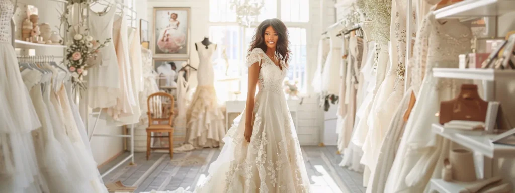a radiant bride surrounded by an array of stunning wedding dresses, deep in consultation with a bridal consultant, while elegant accessories and inspiration boards evoke a dreamy, cohesive bridal vision. a Radiant Bride Surrounded by an Array of Stunning Wedding Dresses, Deep in Consultation with a Bridal Consultant, While Elegant Accessories and Inspiration Boards Evoke a Dreamy, Cohesive Bridal Vision. - Perfect Daze Bridal - Perfect Daze Bridal