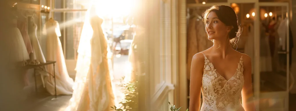 a radiant huddersfield bride stands gracefully in a sunlit bridal boutique, showcasing a stunning array of classic and modern wedding dresses that highlight elegant silhouettes, evoking a sense of timeless beauty and individual style. a Radiant Huddersfield Bride Stands Gracefully in a Sunlit Bridal Boutique, Showcasing a Stunning Array of Classic and Modern Wedding Dresses That Highlight Elegant Silhouettes, Evoking a Sense of Timeless Beauty and Individual Style. - Perfect Daze Bridal - Perfect Daze Bridal