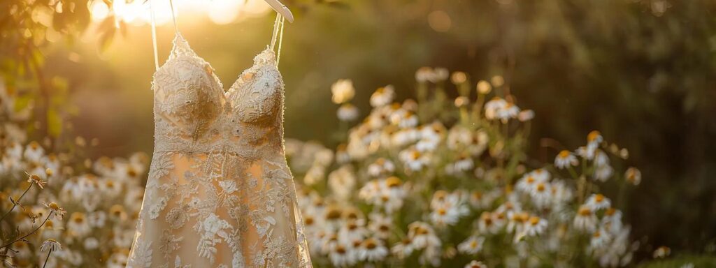 a stunning bohemian bridal gown hangs gracefully against a sun-drenched backdrop of wildflowers, showcasing intricate lace details and personalized design elements that embody the bride's unique vision. a Stunning Bohemian Bridal Gown Hangs Gracefully Against a Sun-drenched Backdrop of Wildflowers, Showcasing Intricate Lace Details and Personalized Design Elements That Embody the Bride's Unique Vision. - Perfect Daze Bridal - Perfect Daze Bridal