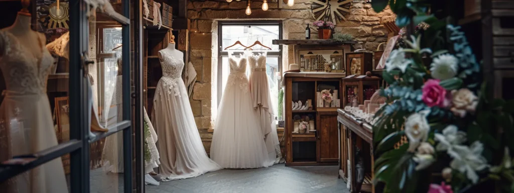 a stunning bridal boutique display in huddersfield showcases a selection of elegant wedding dresses against a backdrop of rustic decor, highlighting the enchanting blend of modern minimalist and vintage styles. a Stunning Bridal Boutique Display in Huddersfield Showcases a Selection of Elegant Wedding Dresses Against a Backdrop of Rustic Decor, Highlighting the Enchanting Blend of Modern Minimalist and Vintage Styles. - Perfect Daze Bridal - Perfect Daze Bridal
