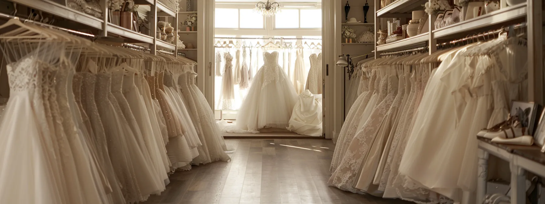 a Stunning Bridal Boutique in Huddersfield, Adorned with Elegant Wedding Dresses, Bathed in Soft, Diffused Natural Light That Highlights the Intricate Lace and Delicate Fabrics of the Gowns. - Perfect Daze Bridal