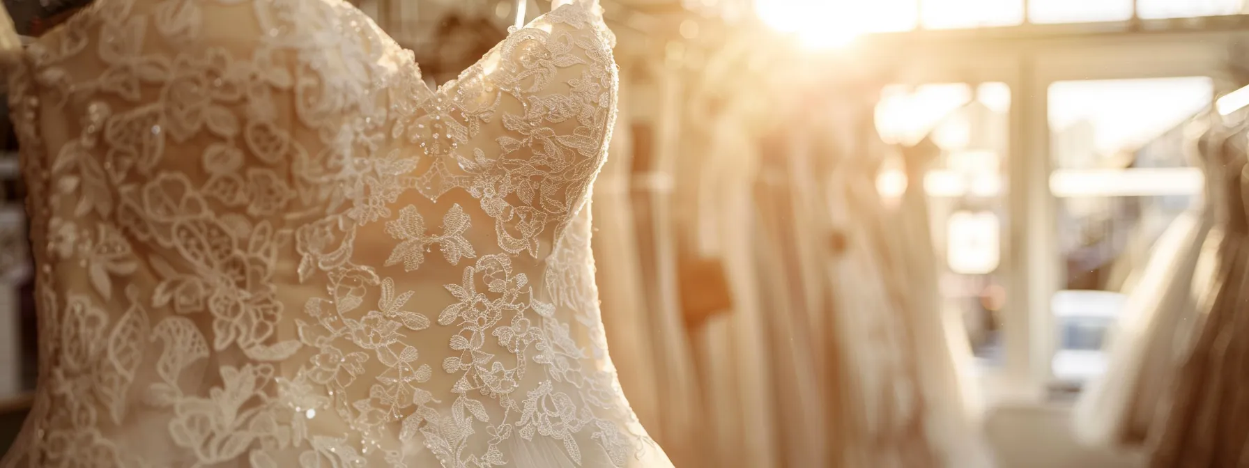 a Stunning Bridal Dress Elegantly Displayed in a Sunlit Boutique, Showcasing Intricate Lace and Delicate Embroidery Against a Backdrop of Soft Pastels, Emphasising the Enchanting Charm of Huddersfield's Bridal Shops. - Perfect Daze Bridal