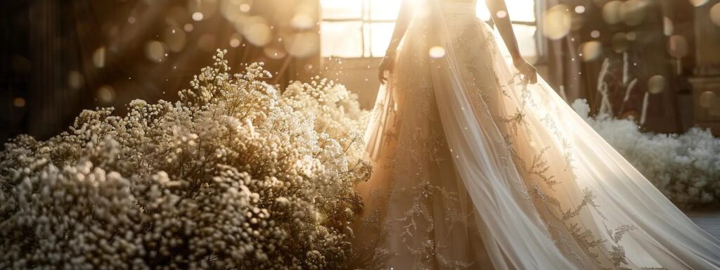 a stunning bridal gown adorned with a delicate, shimmering sash elegantly drapes over a sunlit backdrop of soft white flowers. a Stunning Bridal Gown Adorned with a Delicate, Shimmering Sash Elegantly Drapes over a Sunlit Backdrop of Soft White Flowers. - Perfect Daze Bridal - Perfect Daze Bridal