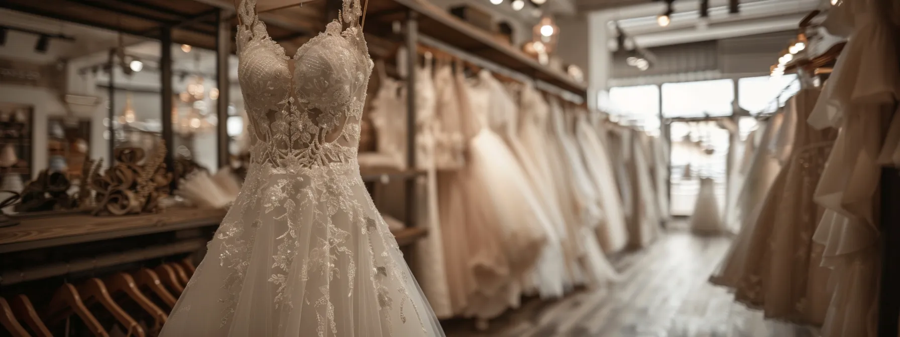 a Stunning Bridal Gown Displayed Elegantly in the Soft Natural Light of Perfect Daze Bridal Boutique, Showcasing Intricate Lace and Delicate Embroidery That Captures the Essence of Timeless Romance. - Perfect Daze Bridal