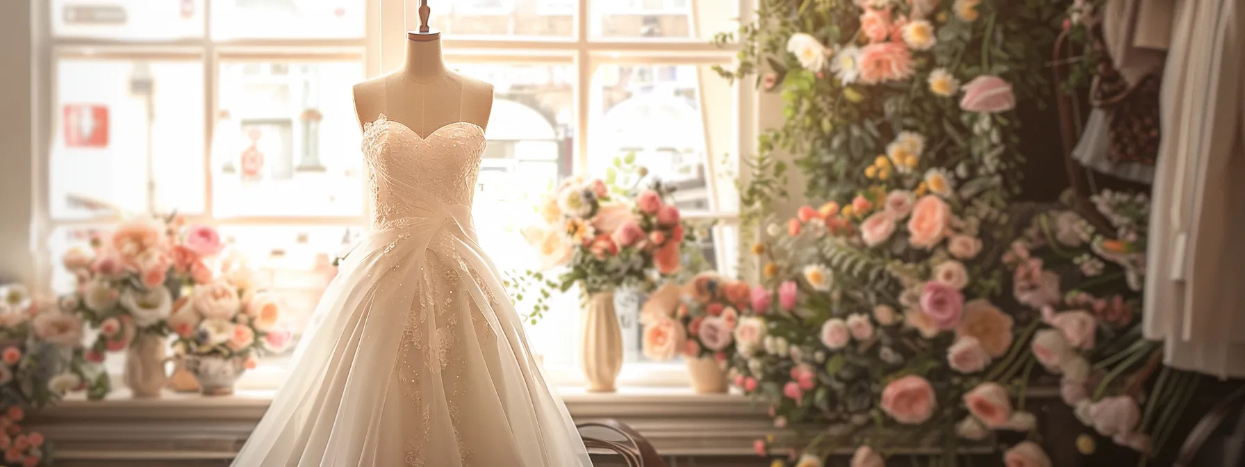 a Stunning Bridal Gown Elegantly Draped on a Vintage Mannequin, Surrounded by Soft Pastel Floral Arrangements, Bathed in Warm Natural Light Filtering Through a Charming Boutique Window in Huddersfield. - Perfect Daze Bridal