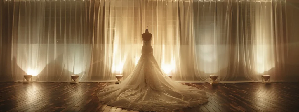 a stunning bridal gown elegantly drapes against a softly lit backdrop, showcasing luxurious fabric and intricate craftsmanship, embodying the perfect blend of style and quality in a serene boutique setting. a Stunning Bridal Gown Elegantly Drapes Against a Softly Lit Backdrop, Showcasing Luxurious Fabric and Intricate Craftsmanship, Embodying the Perfect Blend of Style and Quality in a Serene Boutique Setting. - Perfect Daze Bridal - Perfect Daze Bridal